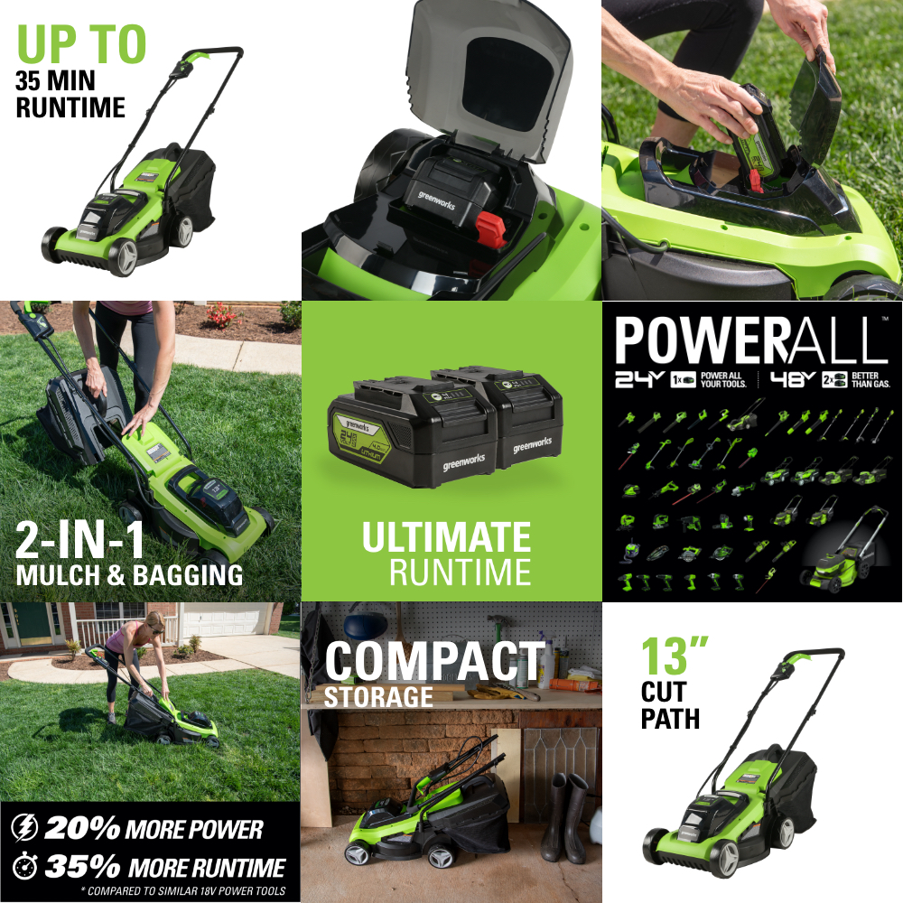 Greenworks 13 in. 24Volt Battery Cordless Lawn Mower with 4.0 Ah USB Battery and Charger
